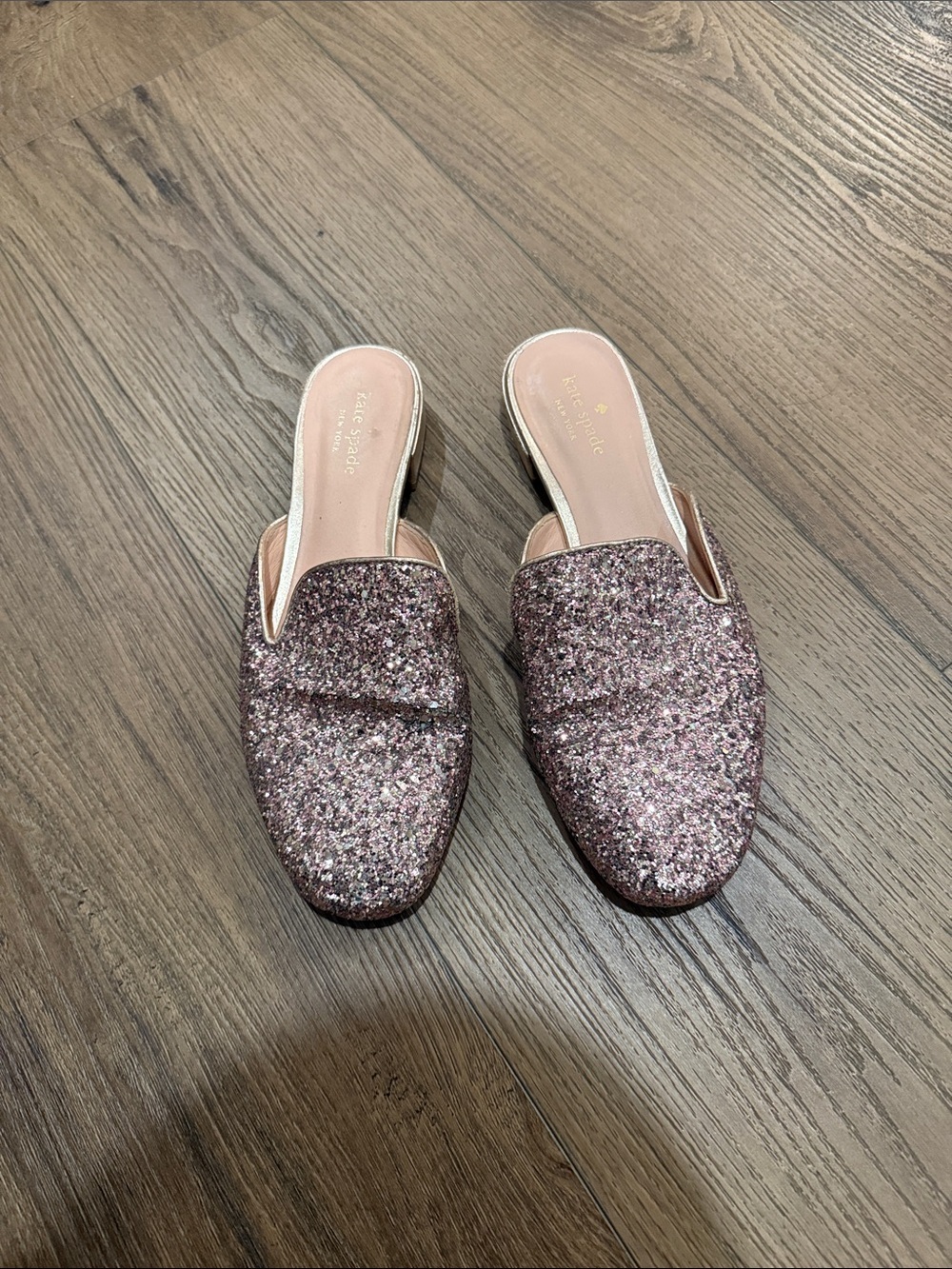 Kate Spade pink rose gold glitter mules sandals